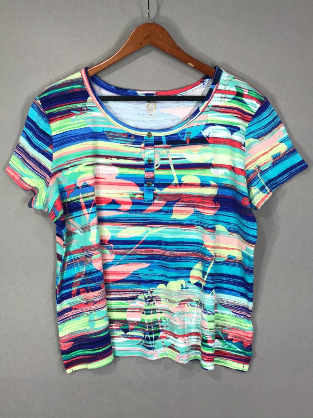 Anne Klein Top Womens XL Blue Green Floral Popover T Shirt Scoop Neck Cap Sleeve